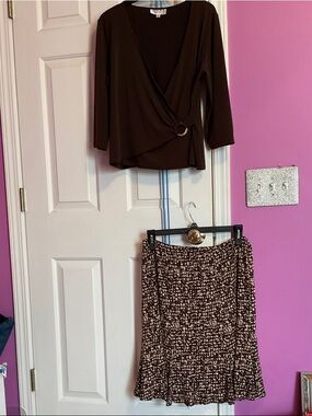 Studio Brown Printed A-Line Skirt with Brown Wrap Top
